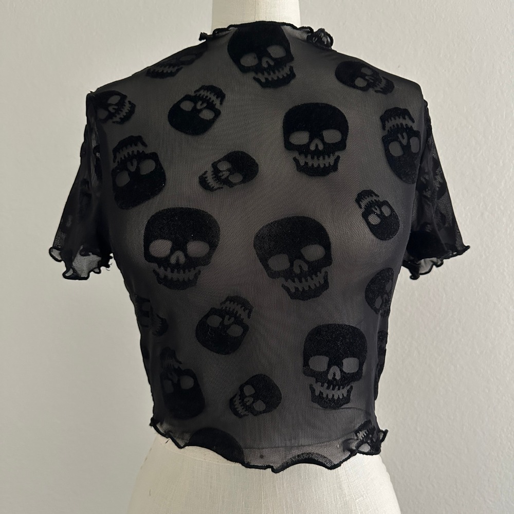 Skull Flocked Mesh Crop Top Women Small Black Sheer Lettuce Trim Goth Grunge